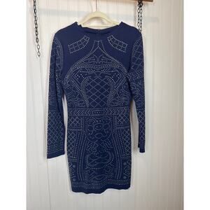 Meaneor Women's Dress Long Sleeve Blue Studded High Neck Bodycon Fitted Size M